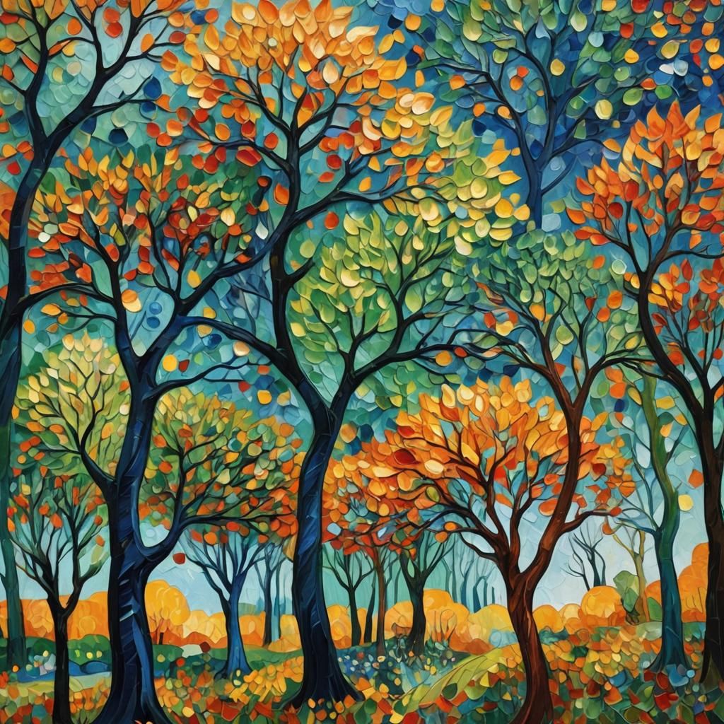 Iridescent Trees in a Vibrant Impasto Landscape