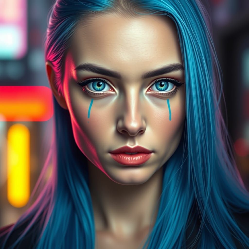 Futuristic Woman with Neon Cityscape in Cyberpunk Style