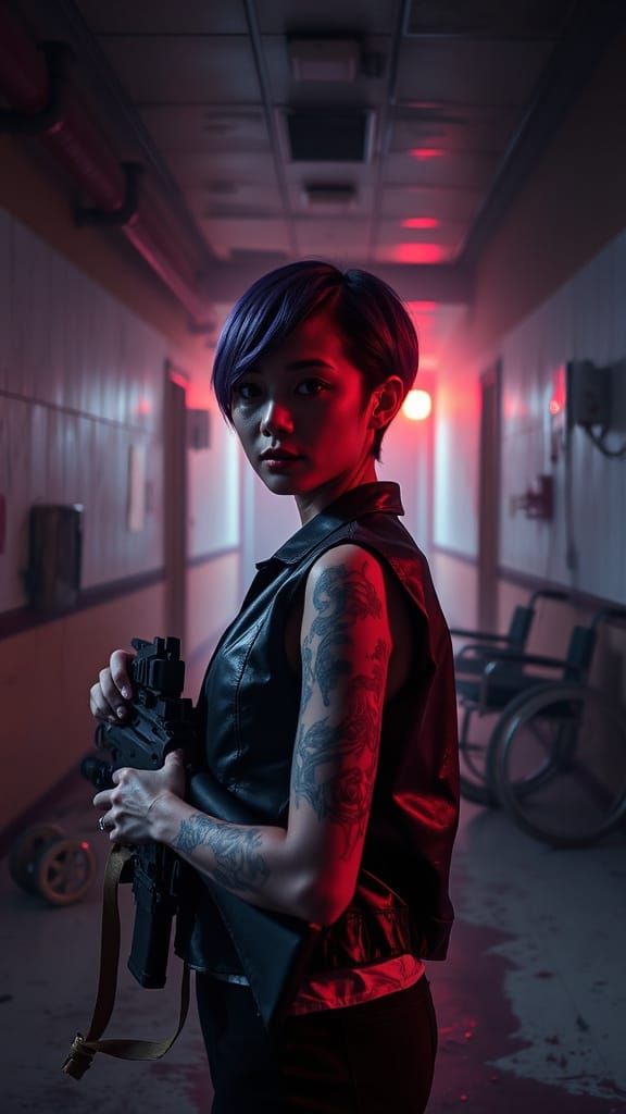 Serene Warrior Woman in Tattoos Amidst Abandoned Hospital