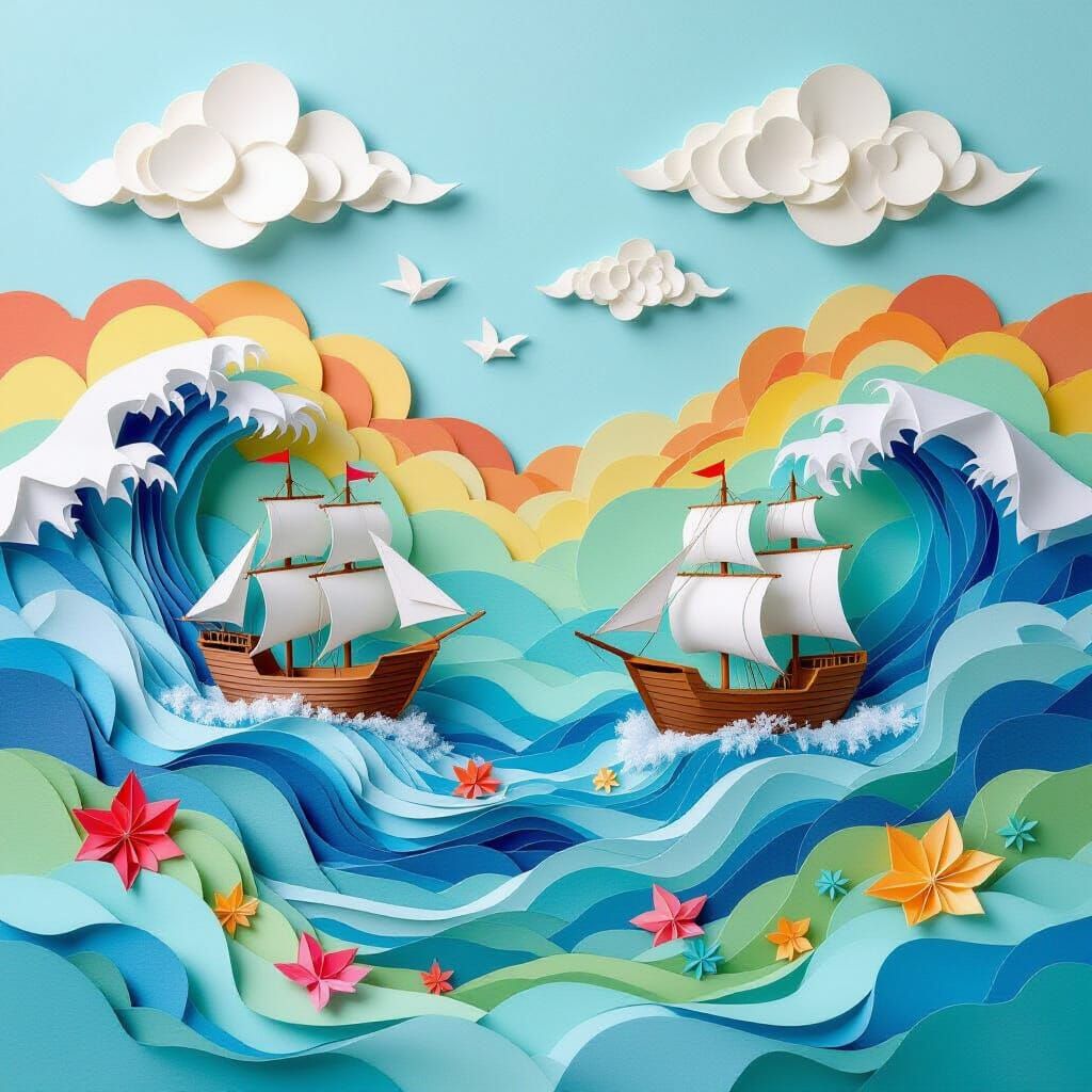Intricate Paper Seascape with Origami Creatures