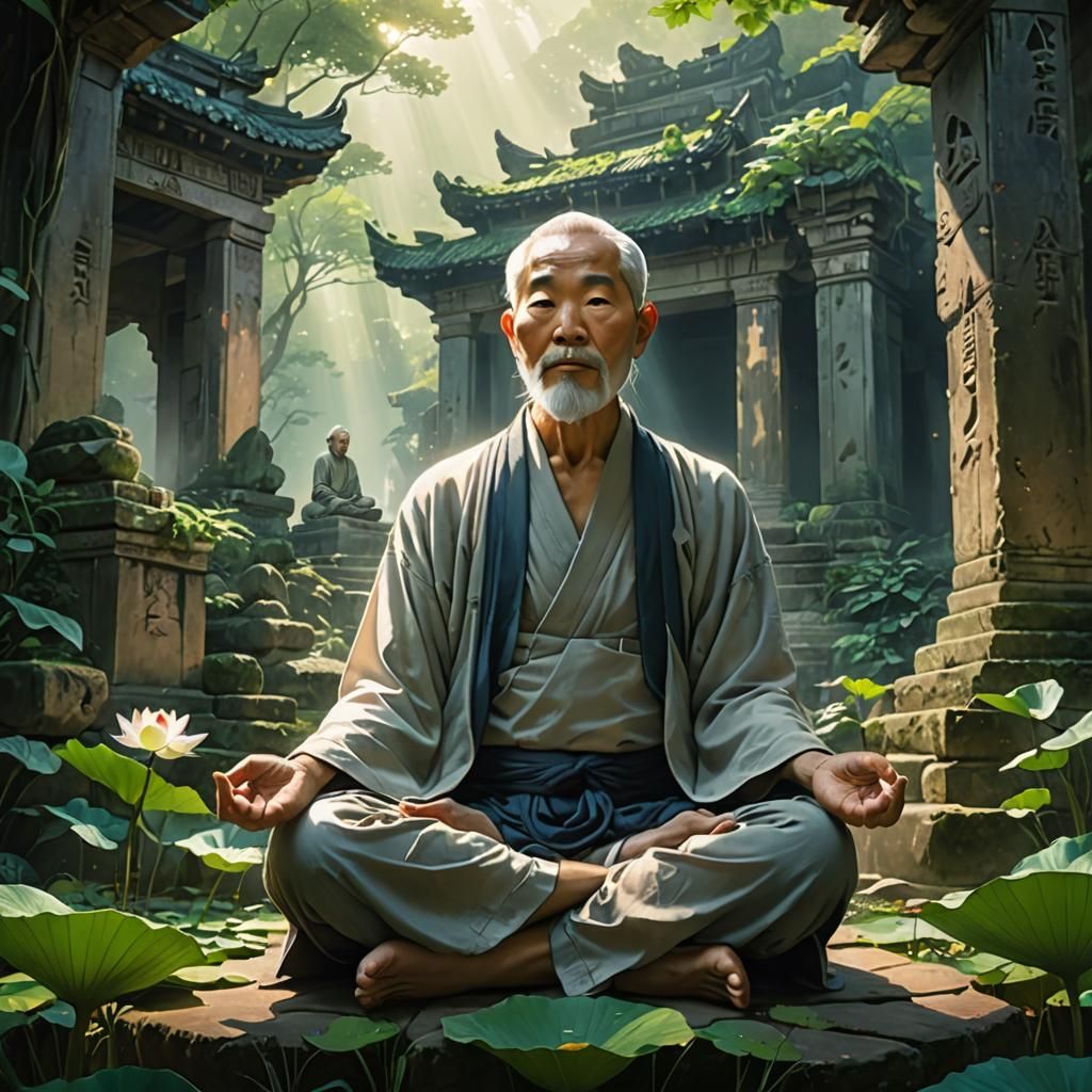 Meditating Asian Man in Ancient Ruins, Digital Painting