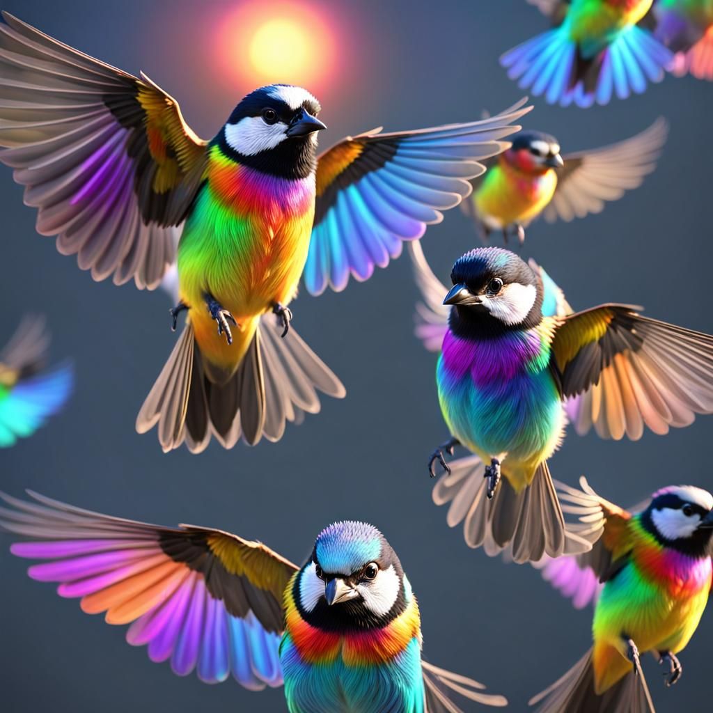 Rainbow Chickadees Hovering, Hyper-Detailed Digital Painting