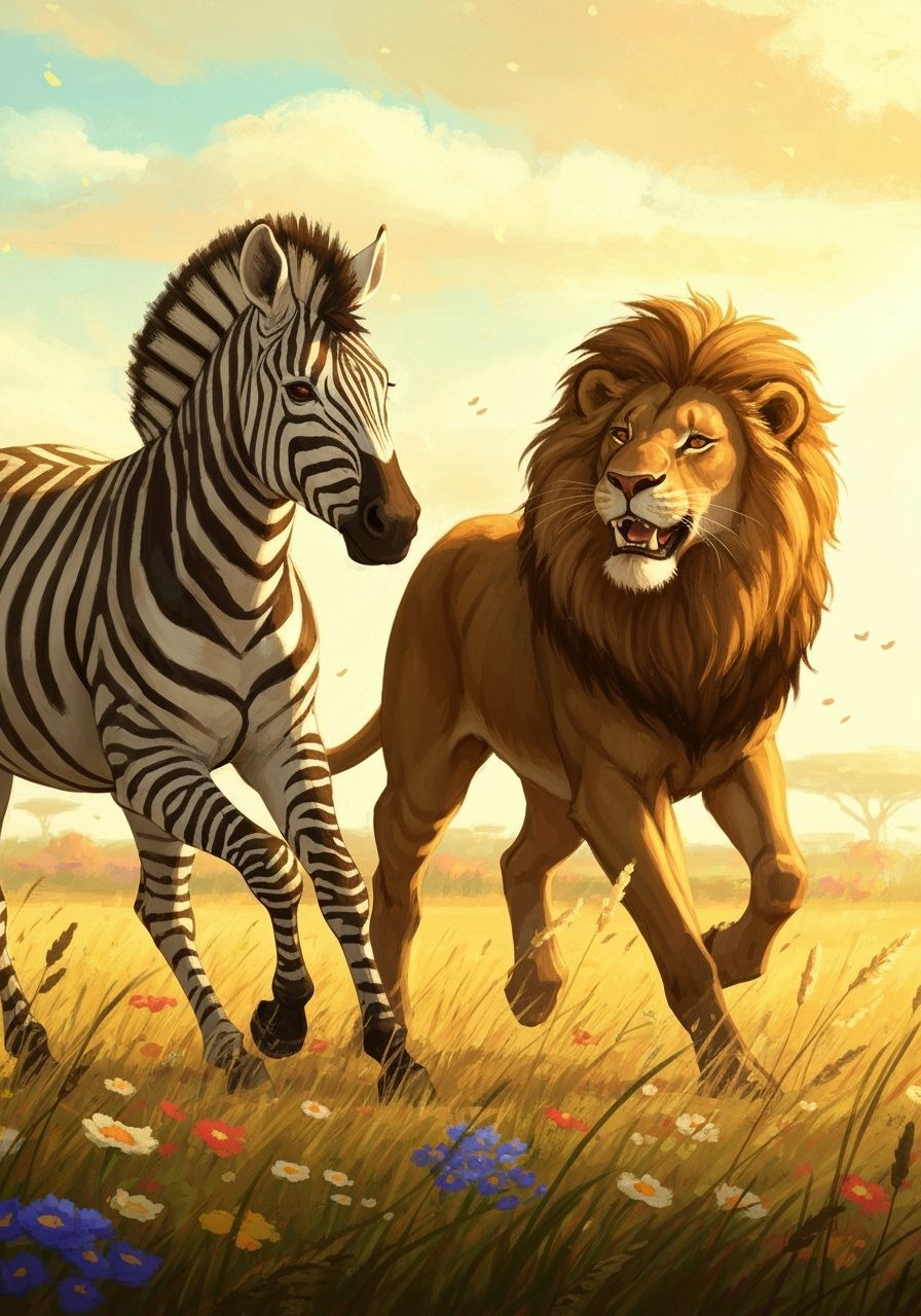 Zebra and Lion Gallop Through Sunlit Savannah