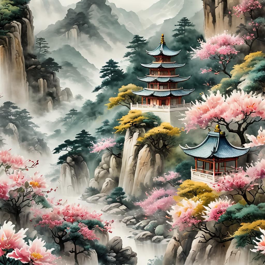 Pagoda in Snowy Mountains, Chinese Ink Wash