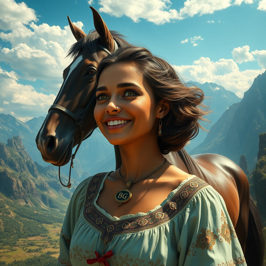 Persian Woman with Horse in Fantasy Landscape