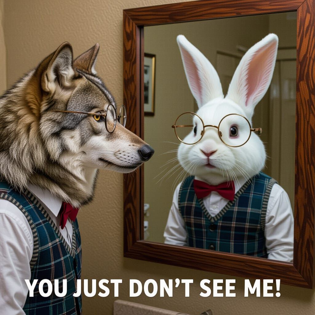 Wolf Gazing at Bunny Reflection in Mirror