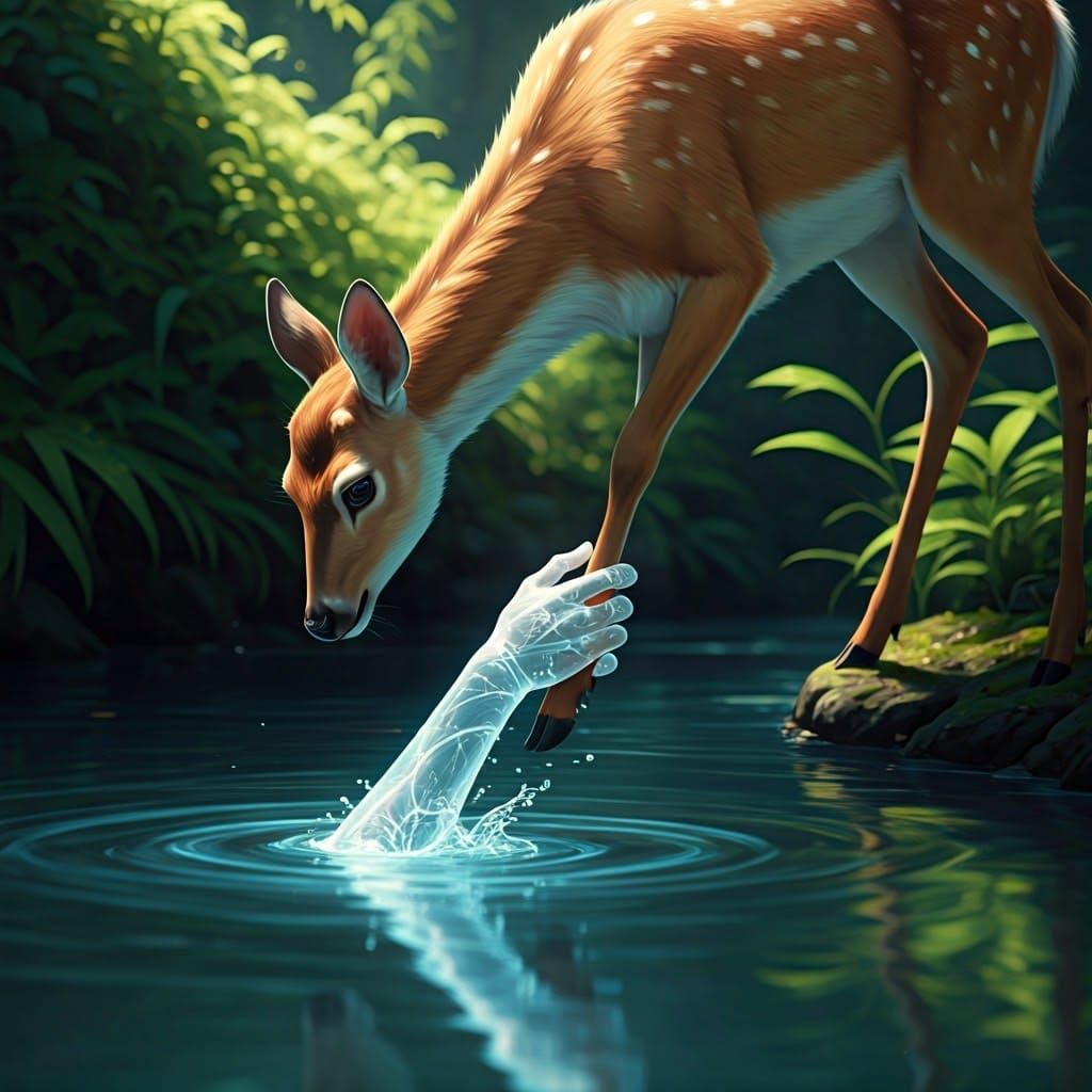 Ethereal Water Hand Emerges from Puddle, Grasping Deer in 3D...