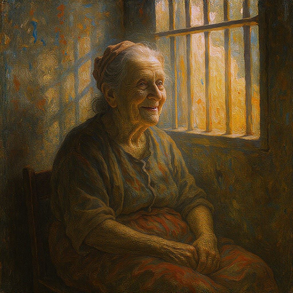 Smiling Woman in Prison Cell, Impressionist Style