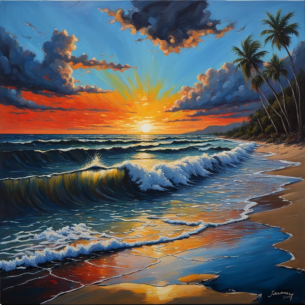 Sunset Oil Painting with Luminous Color