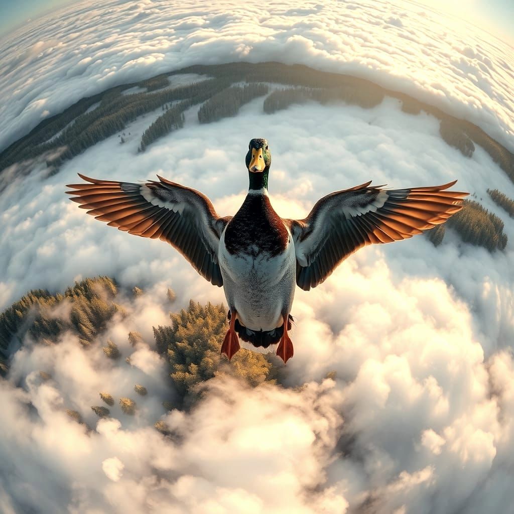 Surreal Duck Lands on Cloudy Lake in Upside-Down Forest