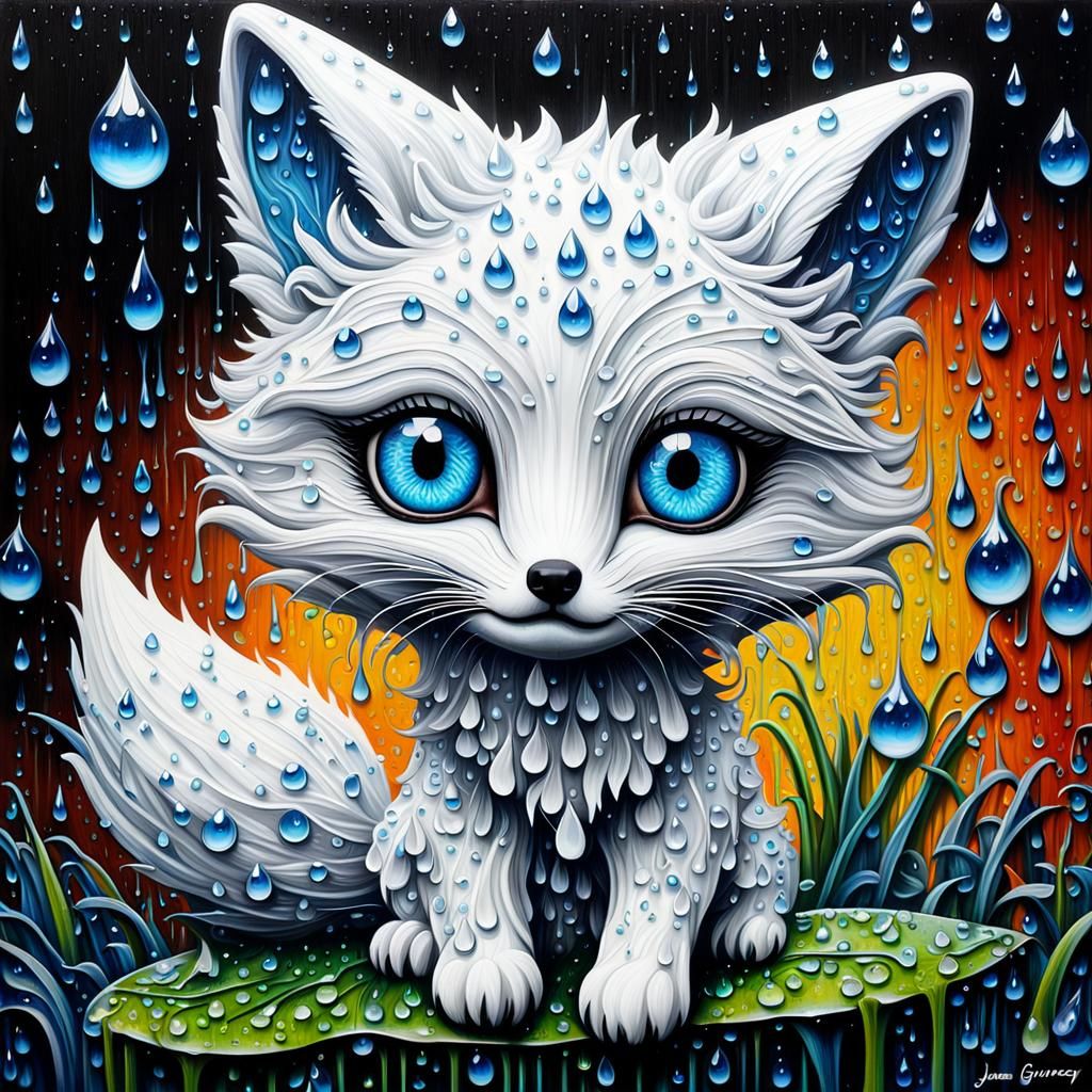 Enameled glass figurine of a Stunning baby white fox with bi...