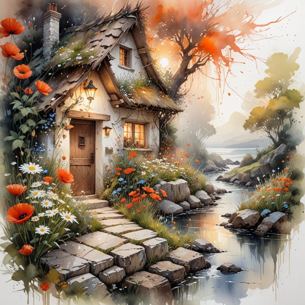 Quaint Cottage Garden Path in Watercolor Style