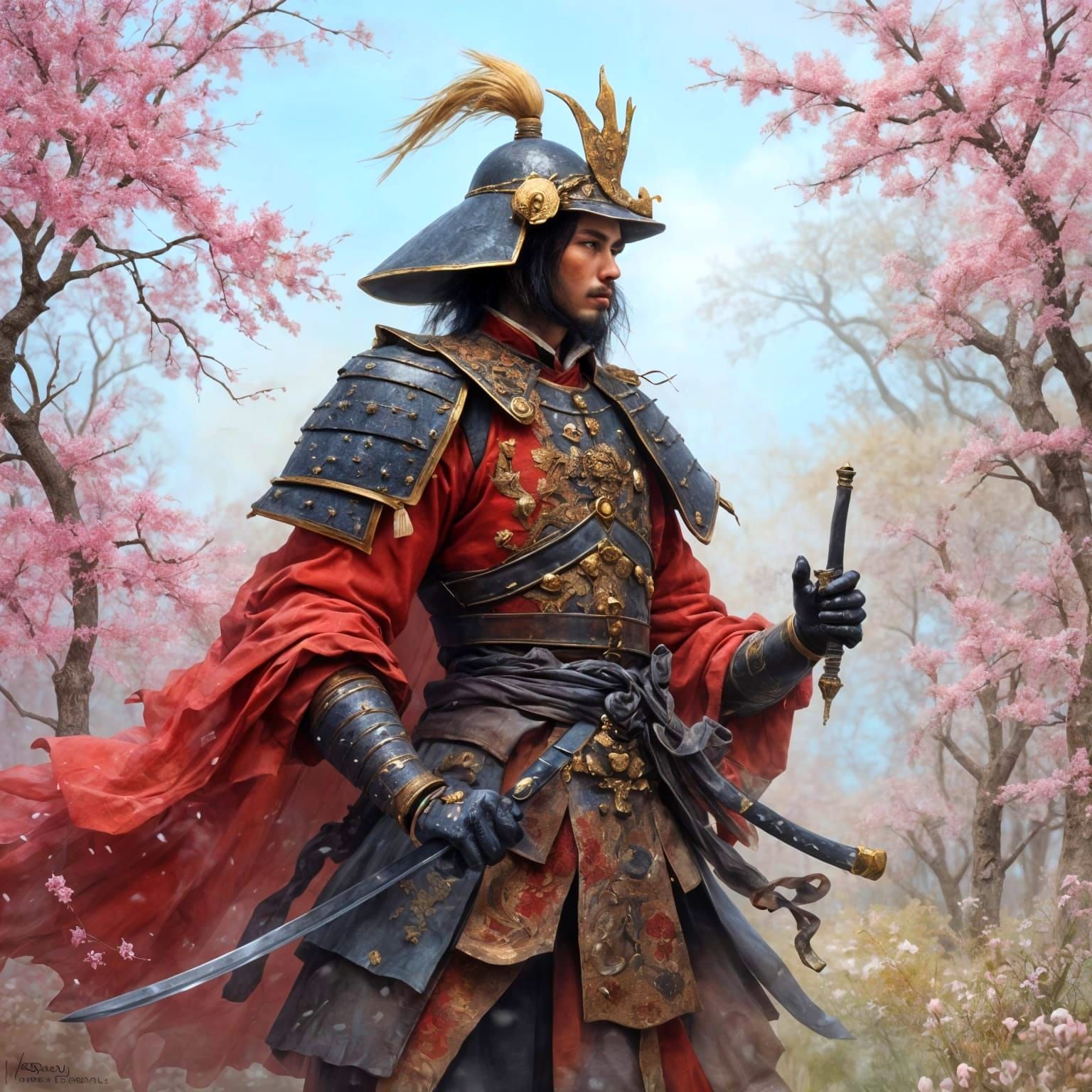 Samurai Warrior in Cherry Blossom Field, Hyperrealistic Styl...