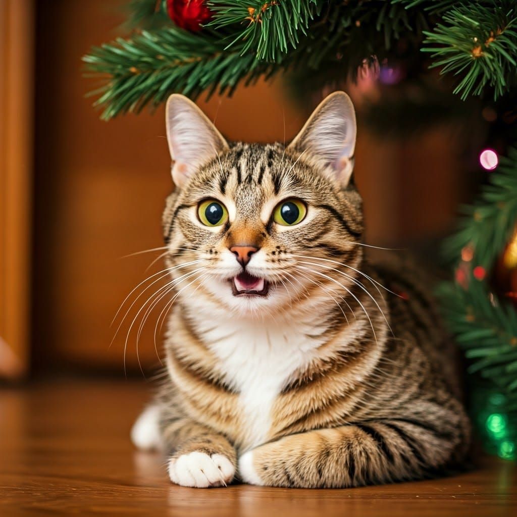 Mischievous Cat's Christmas Fun: A Realistic Portrayal