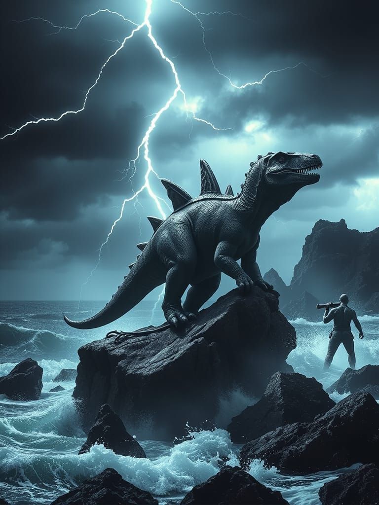 Stegosaurus on Stormy Cliff in Dark Fantasy Style