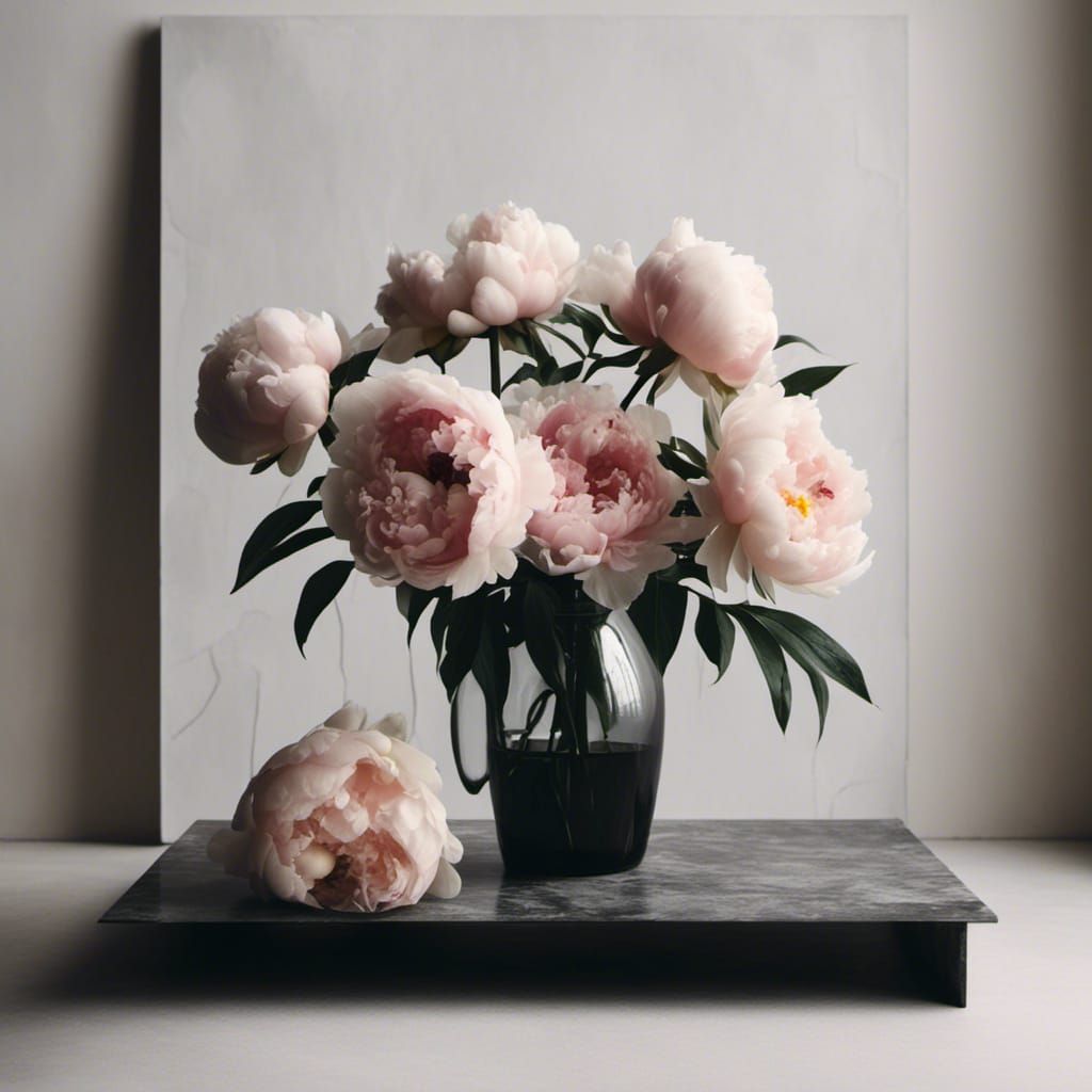 Minimalist Peonies Still Life with Newspaper Texture