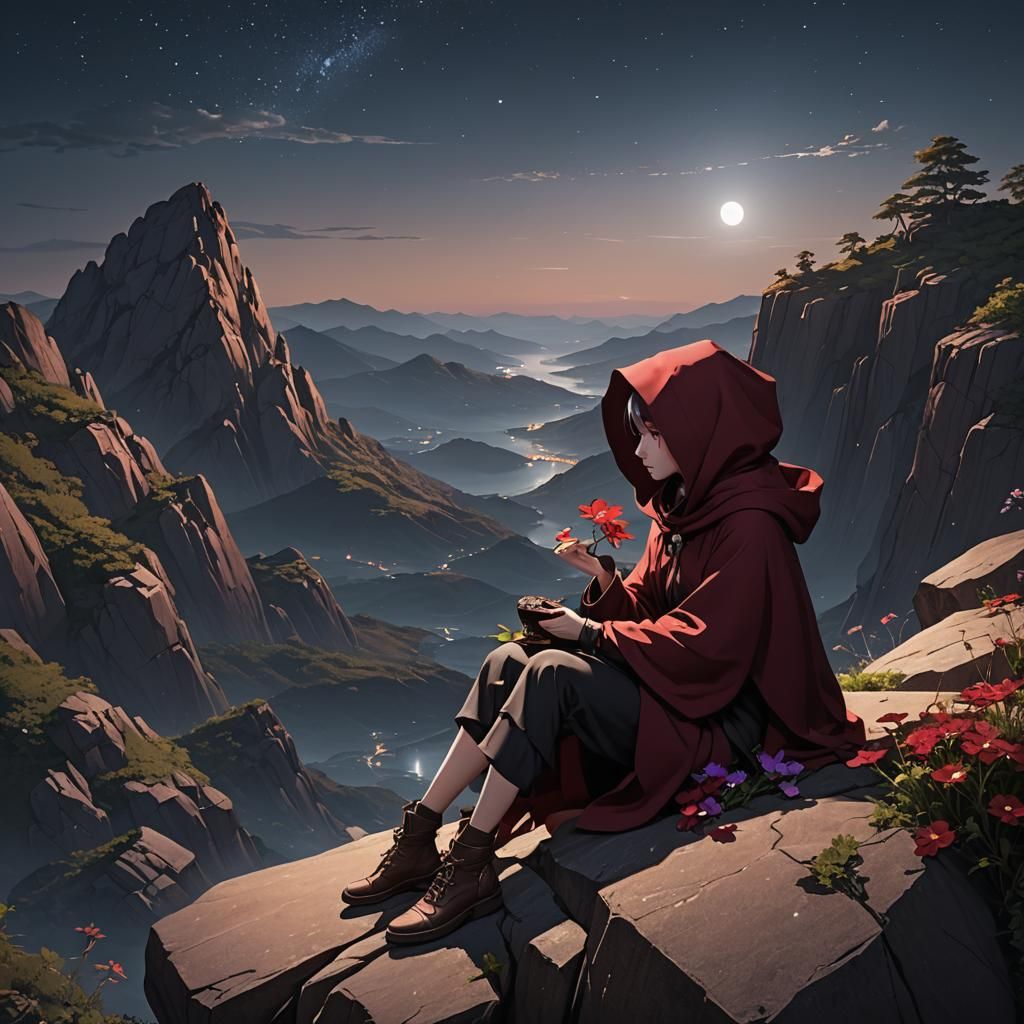 Girl in Red Cloak with Flower: Anime Style