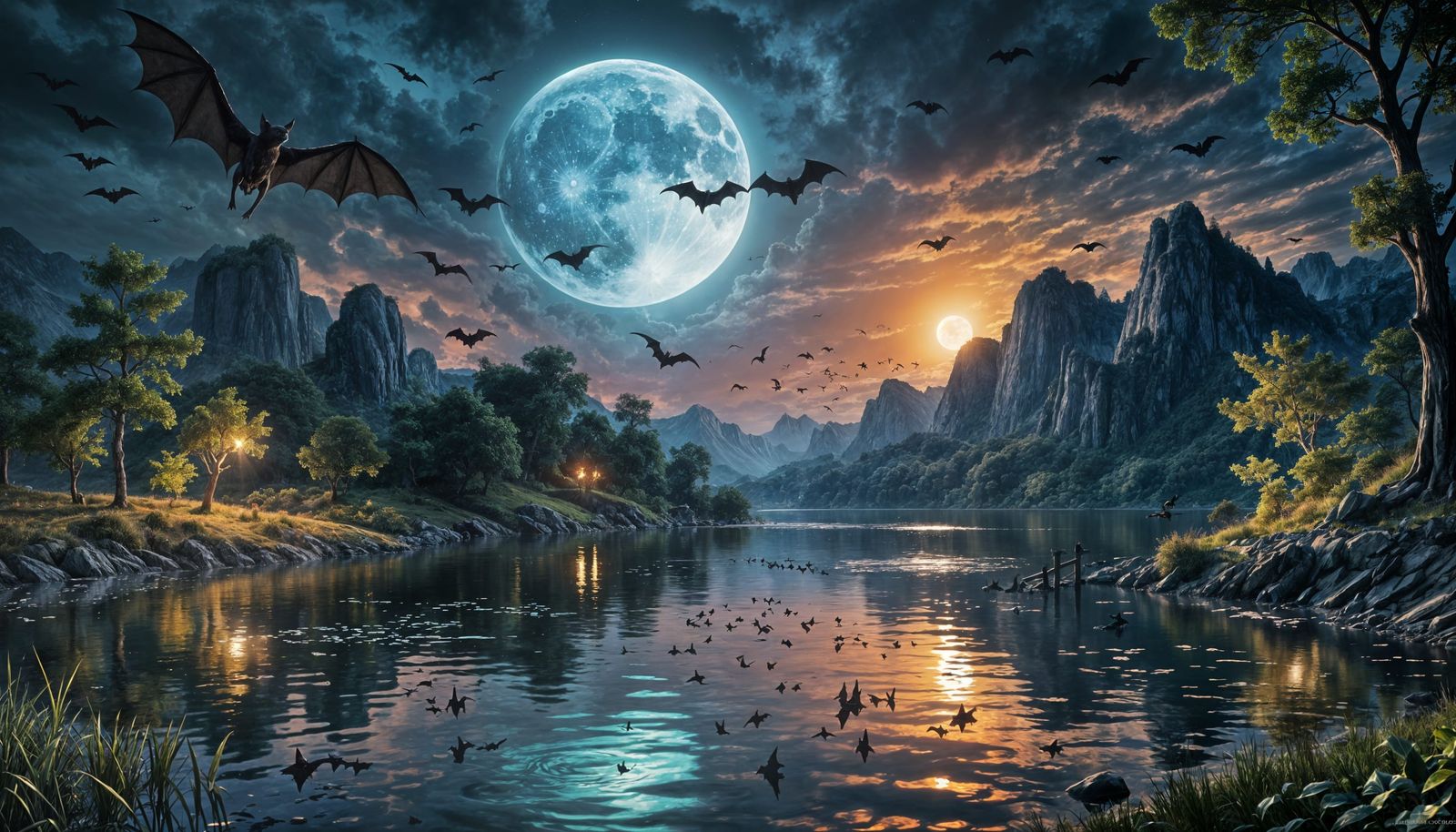 Moonlit Lakeside Landscape with Bats