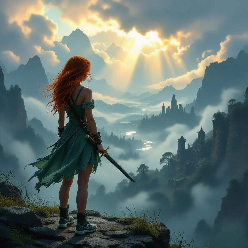 Redhead Heroine Overlooks Mystic Landscape in Painterly Real...