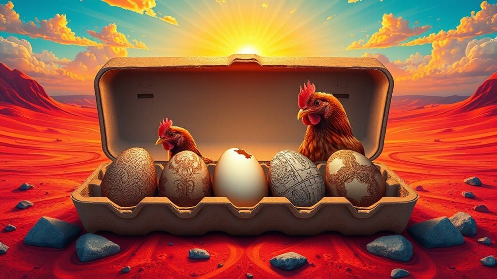Hyperrealistic Egg Box Scene in Vibrant, Cosmic Landscape