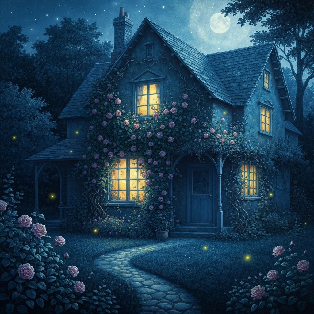 Ethereal Moonlight Cottage with Glowing Windows