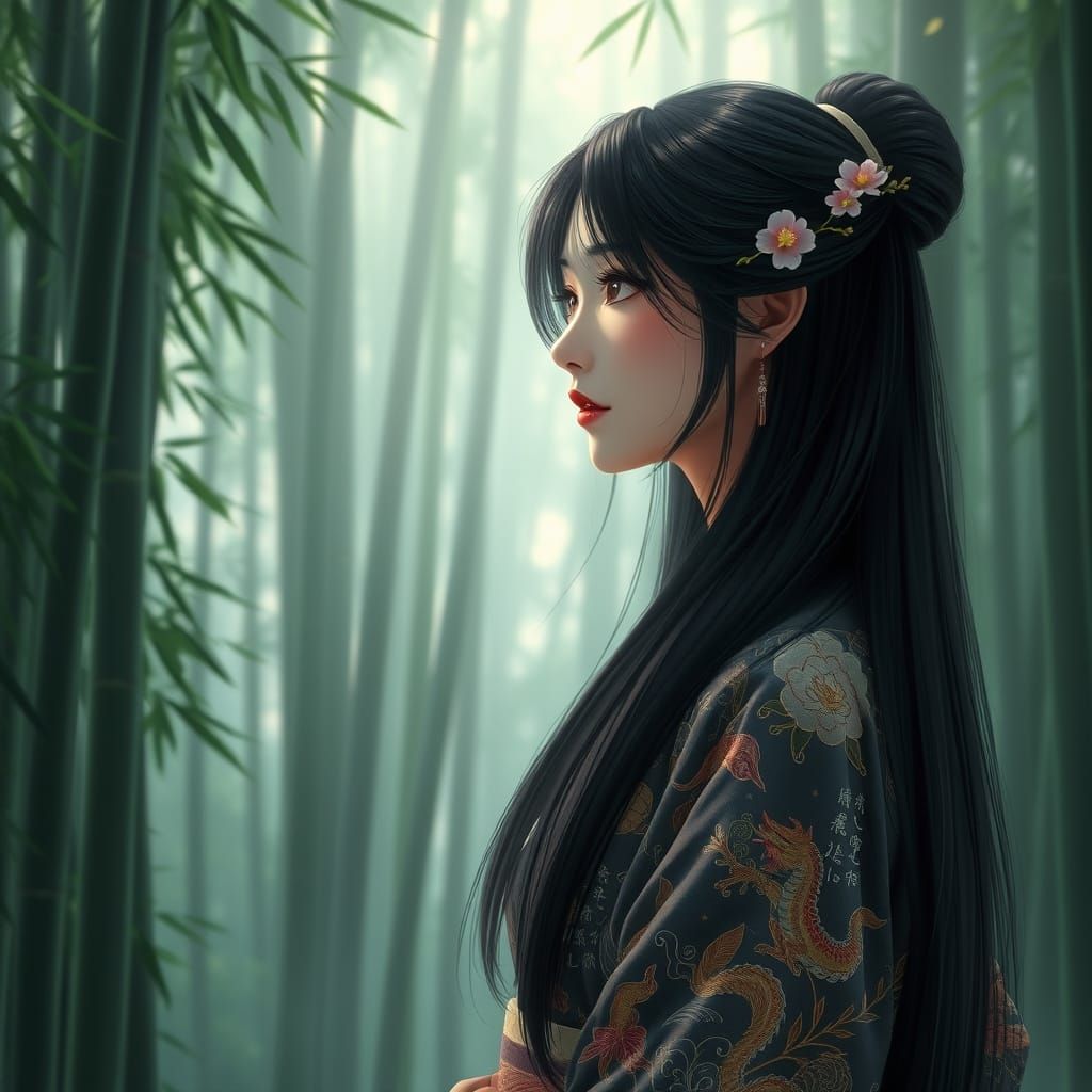 Serene Asian Woman in a Misty Bamboo Forest