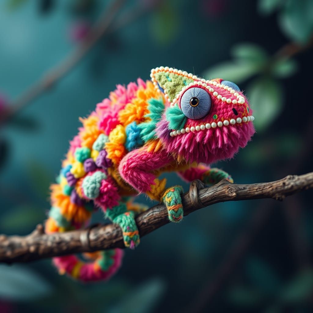 Pom Pom Chameleon Sculpture in Rich Colors