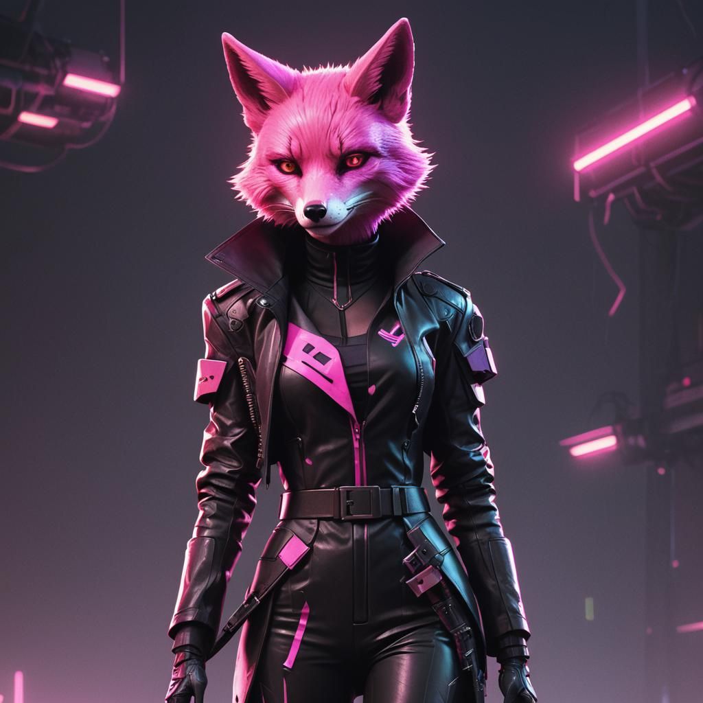 Cyberpunk Pink Fox Character in Neon Cityscape