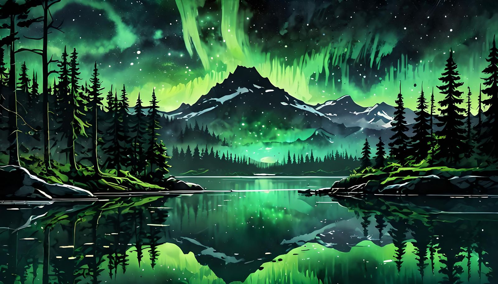 Spectacular Aurora Borealis Reflected in Moonlit Lake