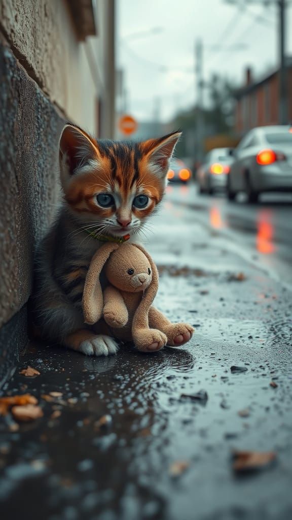 Muted Grey Kitten Hugs Tattered Bunny on Rainy Road