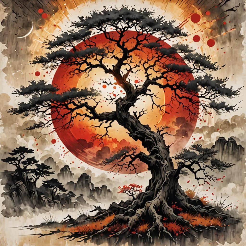 Ominous Autumn Old Tree in Chinese Ink Style
