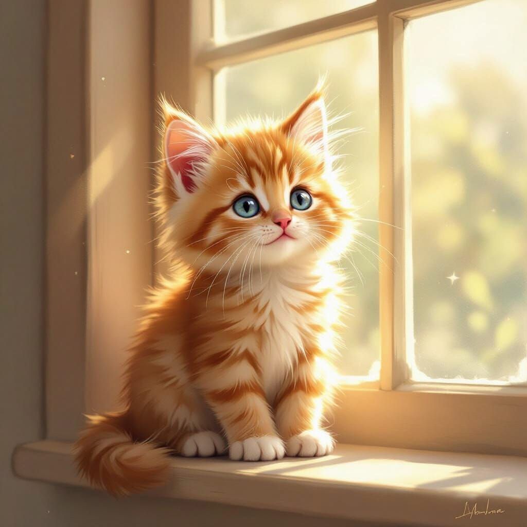 Fluffy Ginger Kitten on Sunlit Windowsill