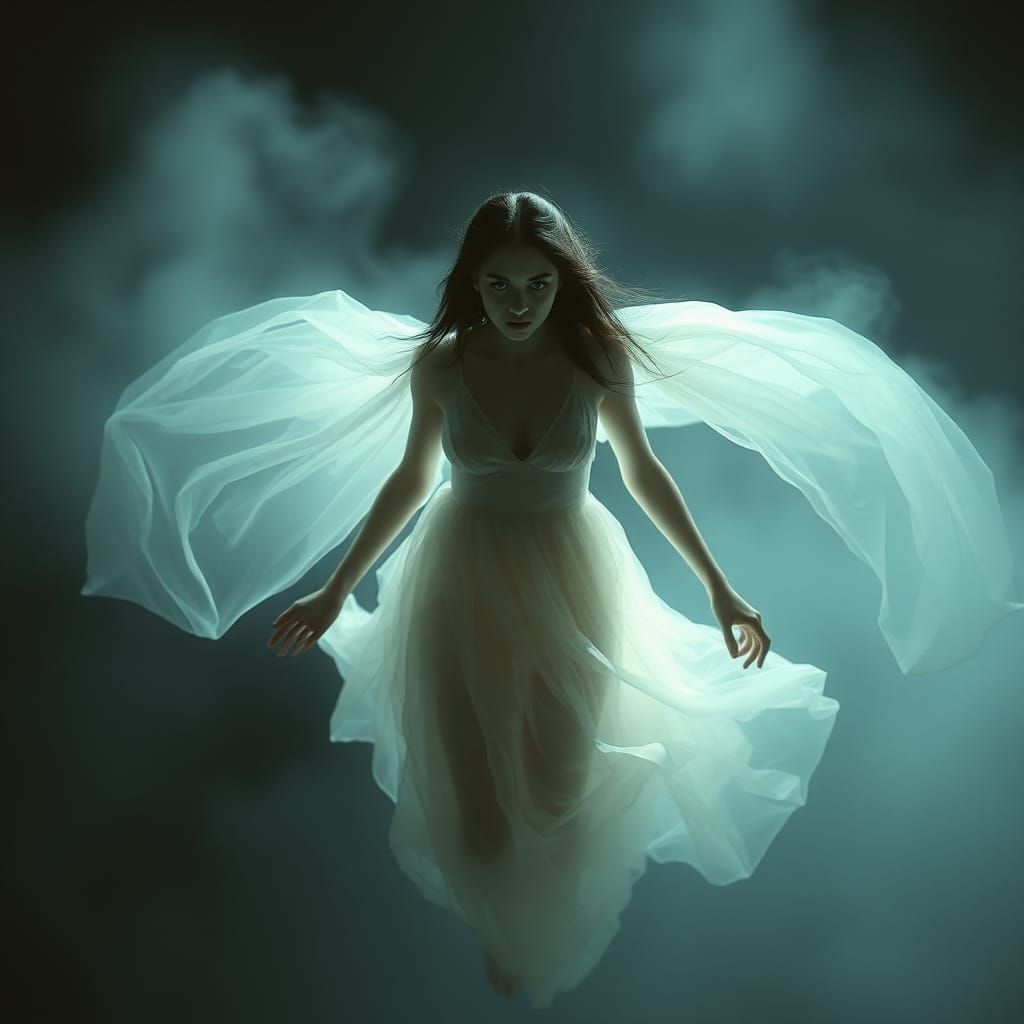 Ethereal Ghost Woman in Luminescent Mist