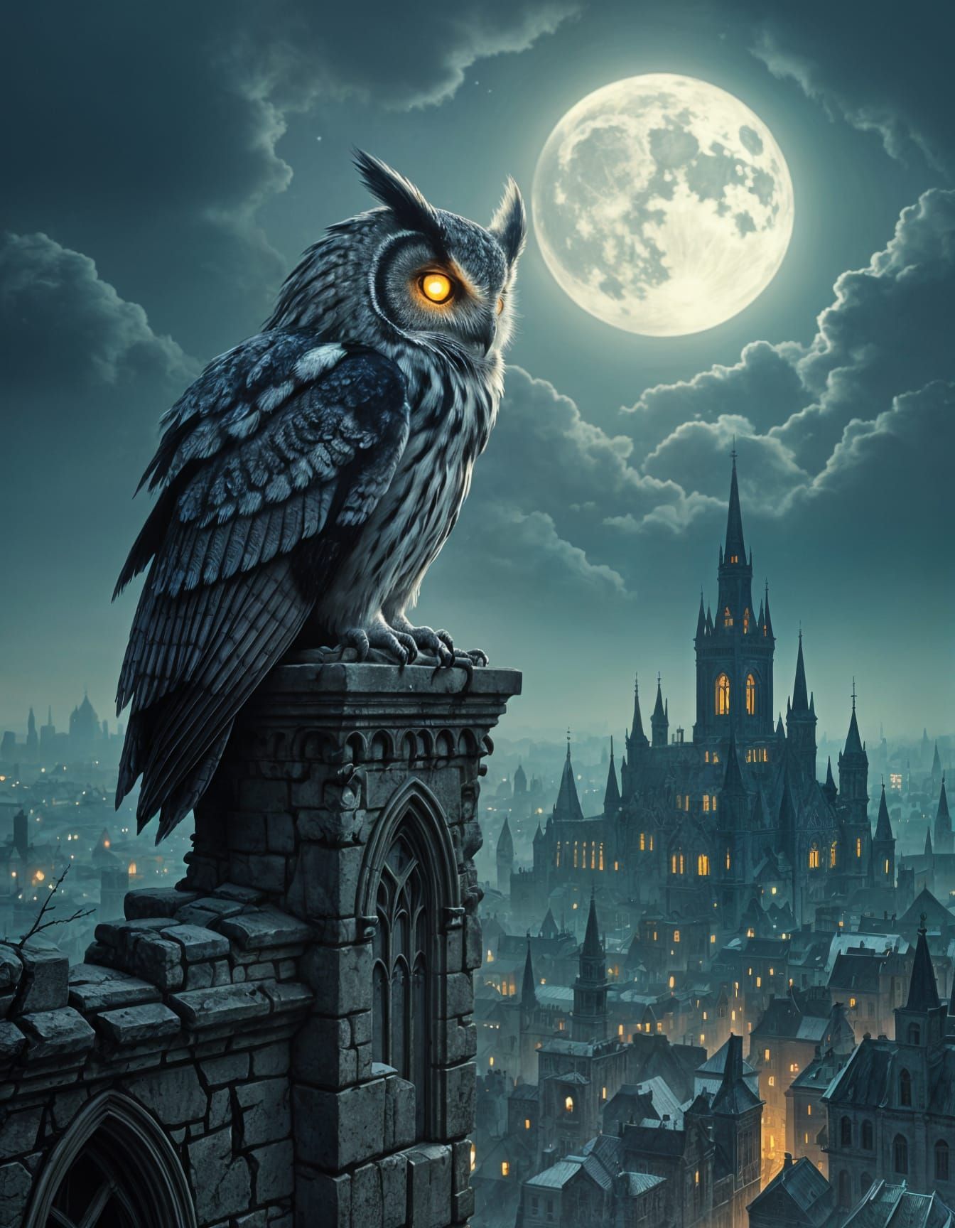 Surreal Gothic Tower Owl in Ethereal Moonlight