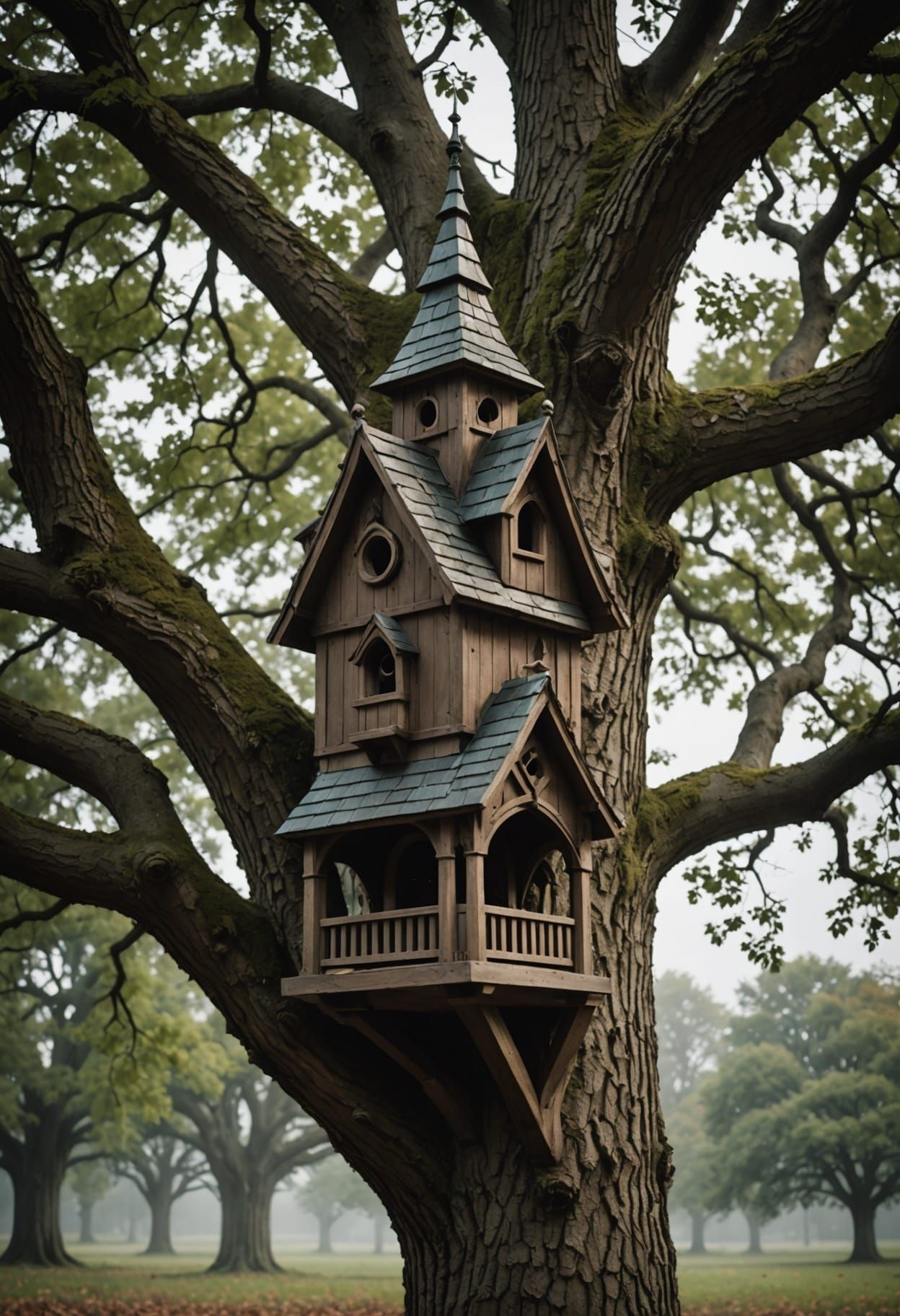 Gothic Birdhouse on Oak Tree