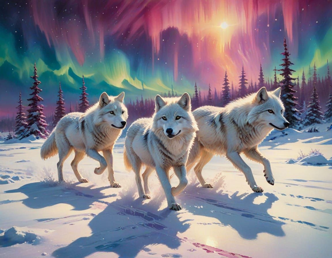 Ethereal Arctic Wolf Pack Under Northern Lights