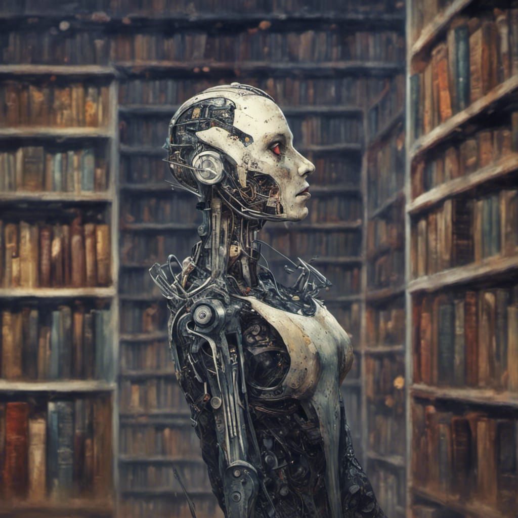 Dark Academia Robot Librarian in Gothic Sci-Fi Style