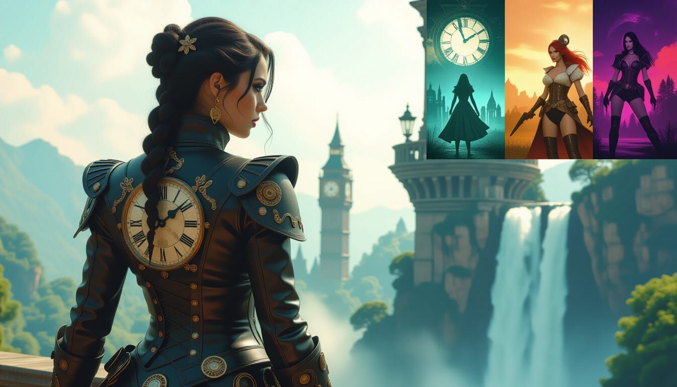 Steampunk Garden with Time-Warping Shards and Clocktower