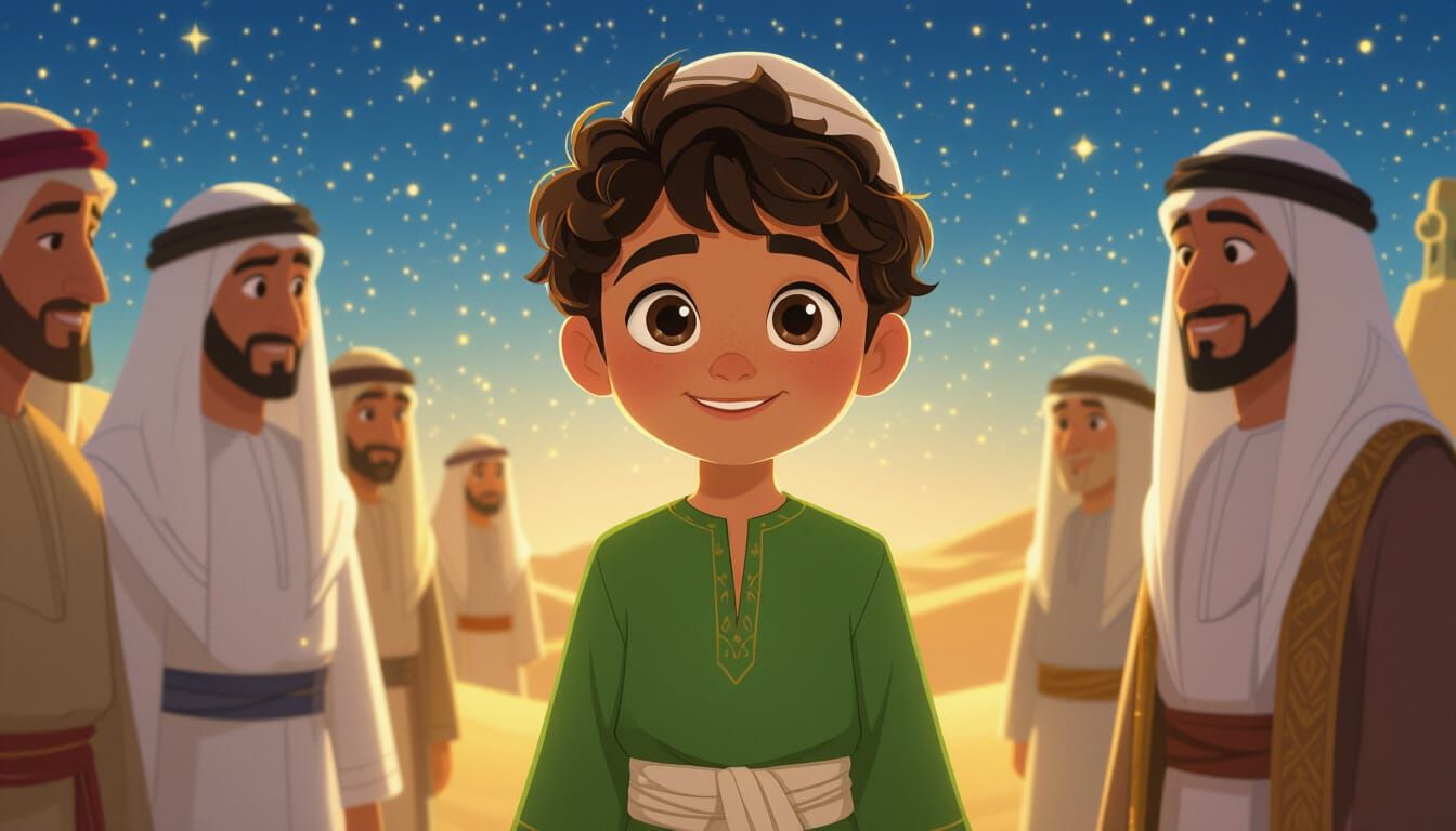 Arabian Boy in Desert Night, Cartoon Style