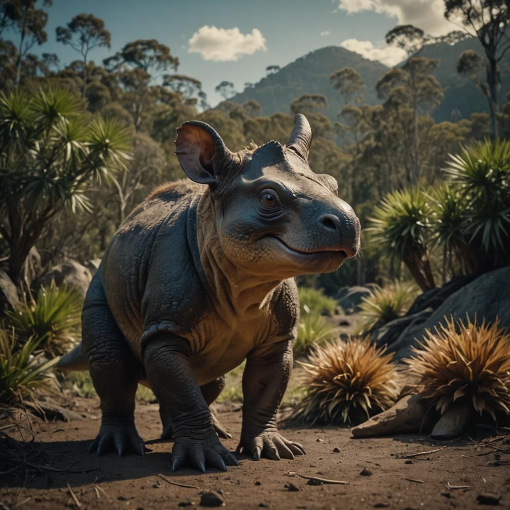 Triceratops Platypus Wombat Koala Hybrid: Cinematic Still