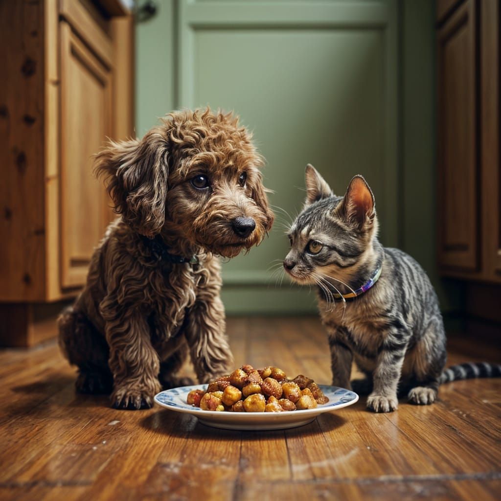 Hyperrealistic Poodle and Tabby Share Dinner