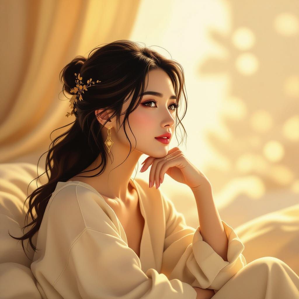 Contemplative Woman in Golden Light, Digital Art
