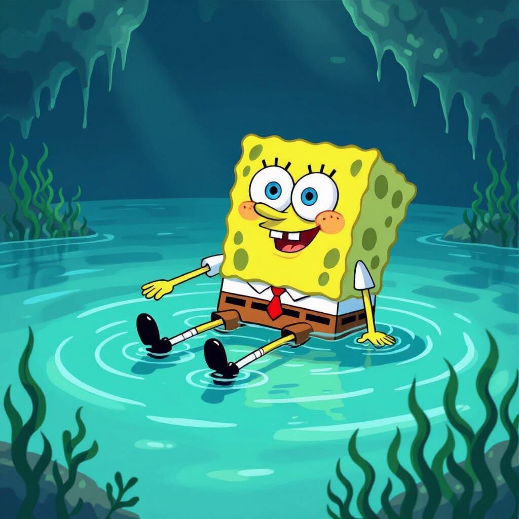 SpongeBob Floating on Turquoise Sea, Animated Style