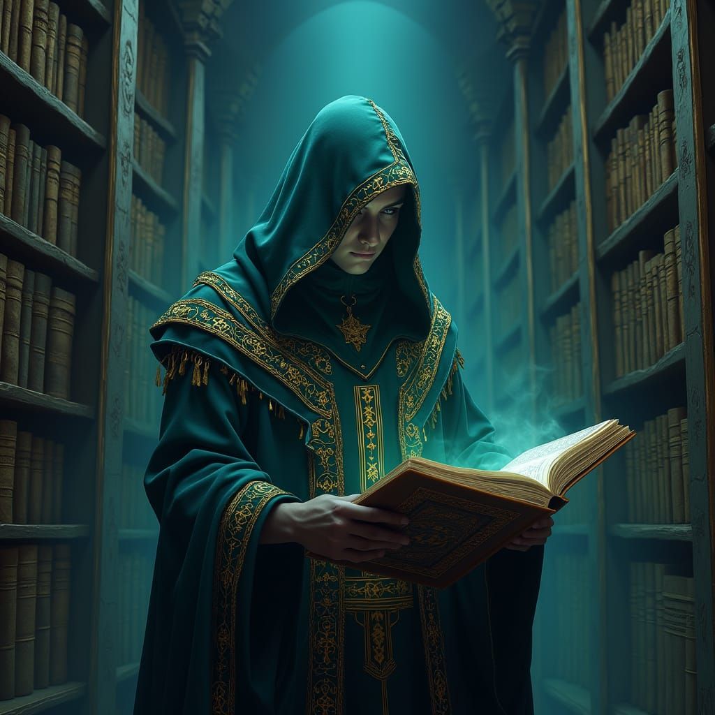 Mysterious Sorcerer in Ancient Library with Glowing Runes an...