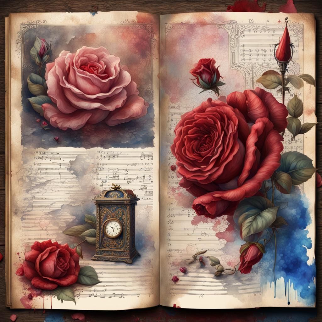 Vintage Journal Page with Red and Blue Roses