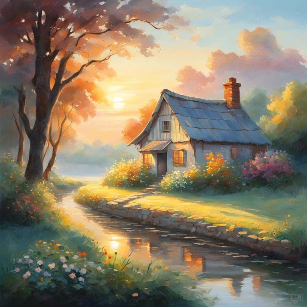 Impressionist Sunrise Over Idyllic Cottage