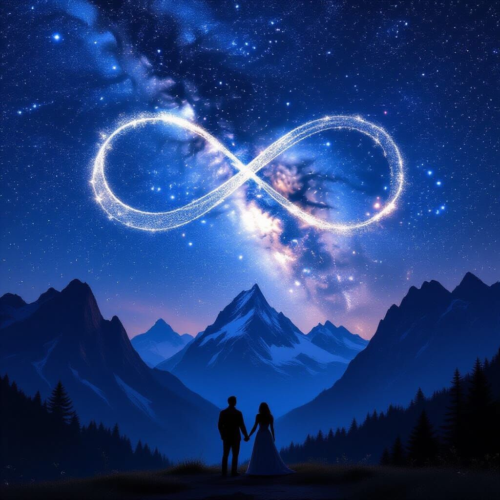 Couple Gazes at Starry Infinity Symbol Over Mountains