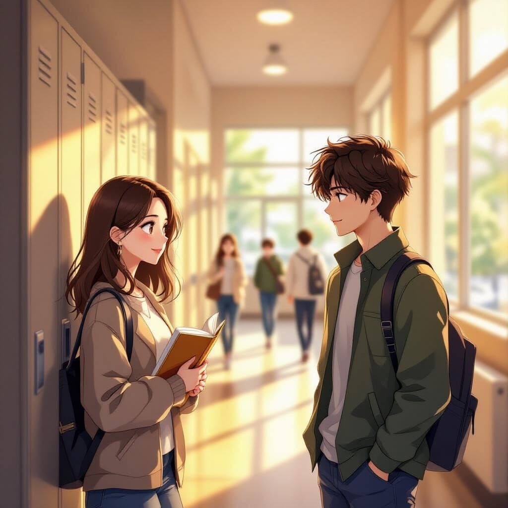 University Hallway Romance in Vibrant Manhwa Style