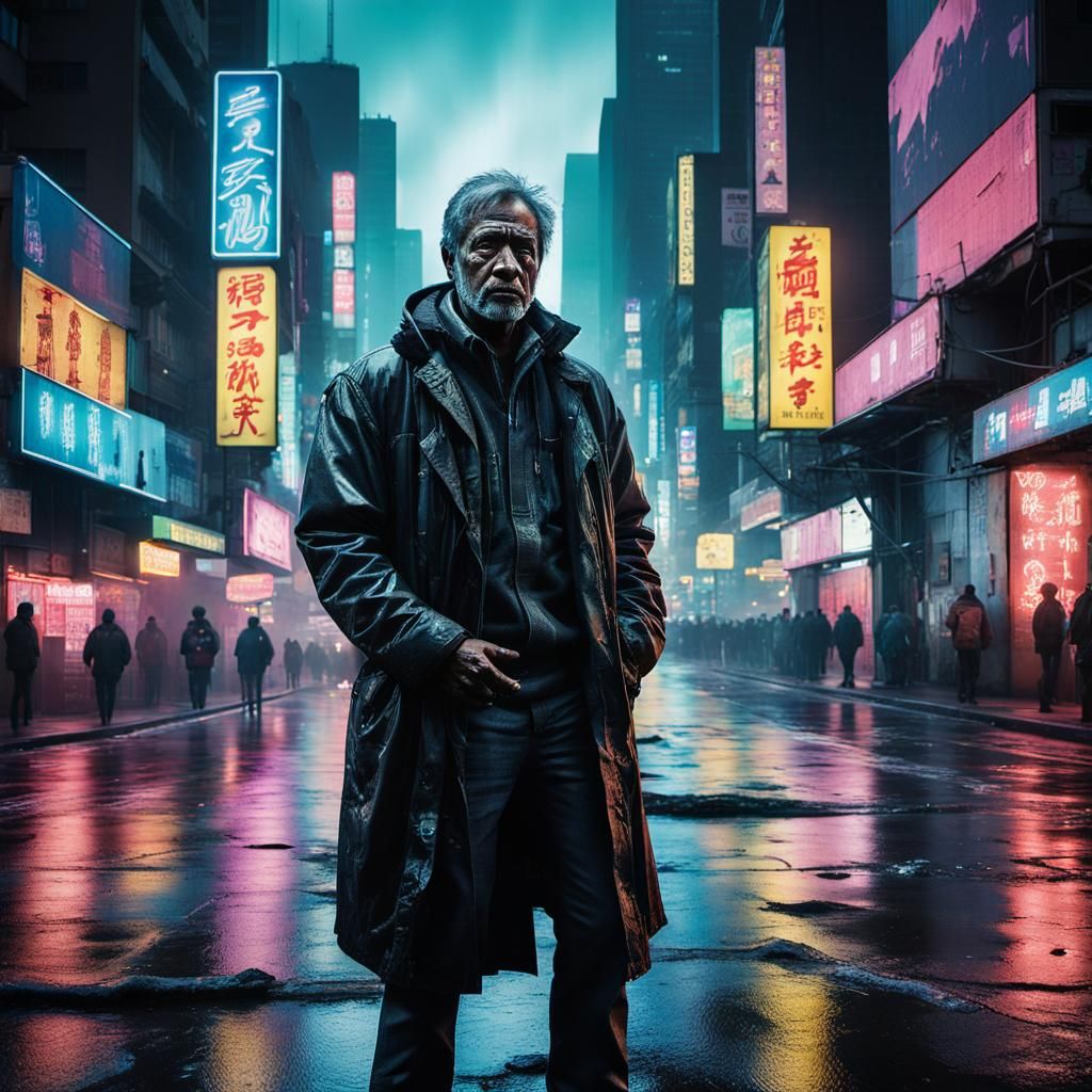 Man Stands Amidst Neon Lights in Bustling City
