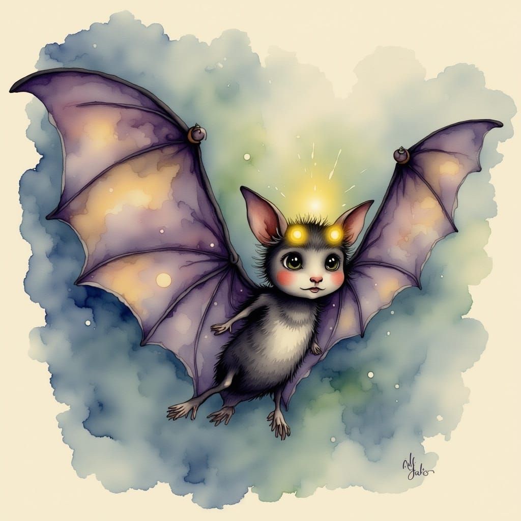 Bat Afraid of Dark, Watercolor with Headlights